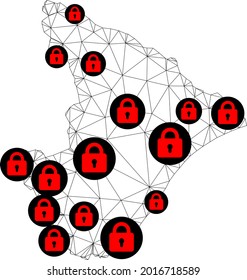 Polygonal mesh lockdown map of Sergipe State. Abstract mesh lines and locks form map of Sergipe State. Vector wire frame 2D polygonal line network in black color with red locks.