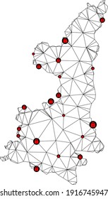 Polygonal mesh lockdown map of Shaanxi Province. Abstract mesh lines and locks form map of Shaanxi Province. Vector wire frame 2D polygonal line network in black color with red locks.