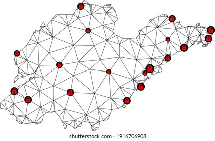 Polygonale Maschendrehkarte der Provinz Shandong. Abstrakte Maschenlinien und Schlösser bilden eine Karte der Provinz Shandong. Vektor-Draht Rahmen 2D polygonale Linie Netzwerk in schwarzer Farbe mit roten Schlössern.