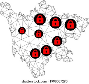 Polygonal mesh lockdown map of Sichuan Province. Abstract mesh lines and locks form map of Sichuan Province. Vector wire frame 2D polygonal line network in black color with red locks.