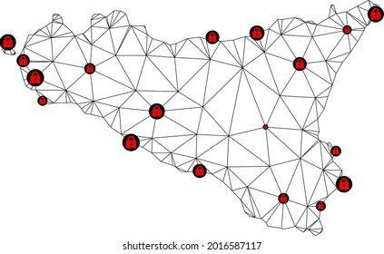 Polygonal mesh lockdown map of Sicilia Island. Abstract mesh lines and locks form map of Sicilia Island. Vector wire frame 2D polygonal line network in black color with red locks.