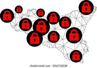 Polygonal mesh lockdown map of Sicilia Island. Abstract mesh lines and locks form map of Sicilia Island. Vector wire frame 2D polygonal line network in black color with red locks.