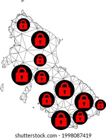 Polygonal mesh lockdown map of Skyros Island. Abstract mesh lines and locks form map of Skyros Island. Vector wire frame 2D polygonal line network in black color with red locks.