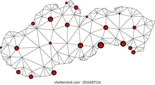 Polygonal mesh lockdown map of Slovakia. Abstract mesh lines and locks form map of Slovakia. Vector wire frame 2D polygonal line network in black color with red locks.