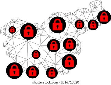 Polygonal mesh lockdown map of Slovenia. Abstract mesh lines and locks form map of Slovenia. Vector wire frame 2D polygonal line network in black color with red locks.