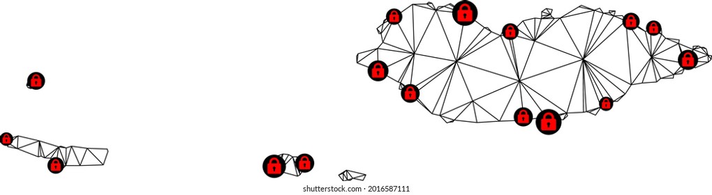 Polygonal mesh lockdown map of Socotra Archipelago. Abstract mesh lines and locks form map of Socotra Archipelago. Vector wire frame 2D polygonal line network in black color with red locks.