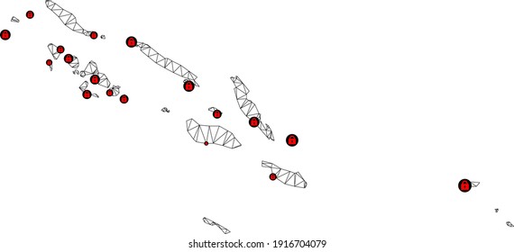 Polygonal mesh lockdown map of Solomon Islands. Abstract mesh lines and locks form map of Solomon Islands. Vector wire frame 2D polygonal line network in black color with red locks.