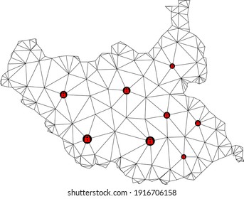 Polygonal mesh lockdown map of South Sudan. Abstract mesh lines and locks form map of South Sudan. Vector wire frame 2D polygonal line network in black color with red locks.