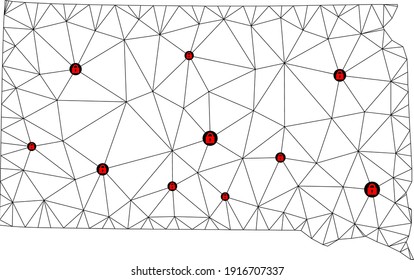 Polygonal mesh lockdown map of South Dakota State. Abstract mesh lines and locks form map of South Dakota State. Vector wire frame 2D polygonal line network in black color with red locks.
