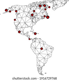 Polygonal mesh lockdown map of South and North America. Abstract mesh lines and locks form map of South and North America. Vector wire frame 2D polygonal line network in black color with red locks.