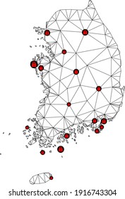 Mapa poligonal de bloqueo de malla de Corea del Sur. Resumen de líneas de malla y cerraduras de un mapa de Corea del Sur. Red de línea poligonal 2D del marco de alambre de vectores en color negro con cerraduras rojas.