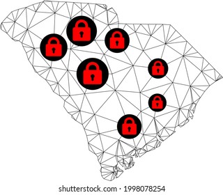 Mapa poligonal de bloqueo de malla del estado de Carolina del Sur. Resumen de líneas de malla y cerraduras de mapa del estado de Carolina del Sur. Red de línea poligonal 2D del marco de alambre de vectores en color negro con cerraduras rojas.