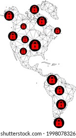 Polygonale Maschendrehkarte von Süd- und Nordamerika. Abstrakte Maschenlinien und Schlösser bilden eine Karte von Süd- und Nordamerika. Vektor-Draht Rahmen 2D polygonale Linie Netzwerk in schwarzer Farbe mit roten Schlössern.