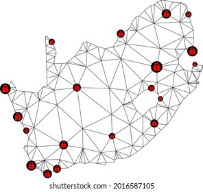 Polygonal mesh lockdown map of South African Republic. Abstract mesh lines and locks form map of South African Republic. Vector wire frame 2D polygonal line network in black color with red locks.
