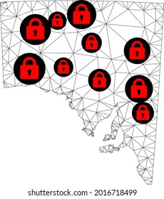 Polygonal mesh lockdown map of South Australia. Abstract mesh lines and locks form map of South Australia. Vector wire frame 2D polygonal line network in black color with red locks.
