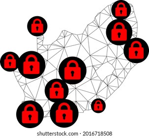 Polygonale Maschendrehkarte Südafrikas. Abstrakte Maschenlinien und Schlösser bilden die Karte der Südafrikanischen Republik. Vektor-Draht Rahmen 2D polygonale Linie Netzwerk in schwarzer Farbe mit roten Schlössern.