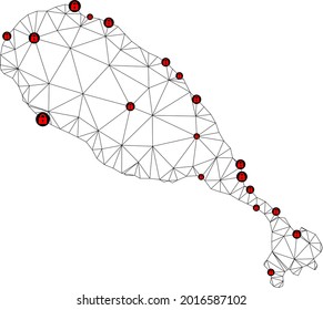 Polygonal mesh lockdown map of St Kitts Island. Abstract mesh lines and locks form map of St Kitts Island. Vector wire frame 2D polygonal line network in black color with red locks.