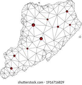 Polygonal mesh lockdown map of Staten Island. Abstract mesh lines and locks form map of Staten Island. Vector wire frame 2D polygonal line network in black color with red locks.