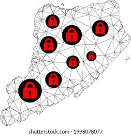 Polygonal mesh lockdown map of Staten Island. Abstract mesh lines and locks form map of Staten Island. Vector wire frame 2D polygonal line network in black color with red locks.