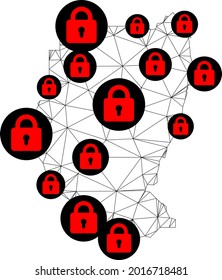 Polygonal mesh lockdown map of Sudan. Abstract mesh lines and locks form map of Sudan. Vector wire frame 2D polygonal line network in black color with red locks. Frame model for health care templates.