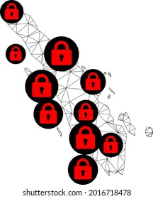 Polygonal mesh lockdown map of Sumatra Island. Abstract mesh lines and locks form map of Sumatra Island. Vector wire frame 2D polygonal line network in black color with red locks.