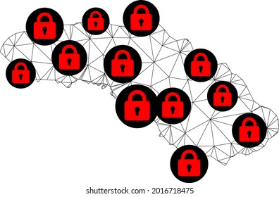 Polygonal mesh lockdown map of Sumba Island. Abstract mesh lines and locks form map of Sumba Island. Vector wire frame 2D polygonal line network in black color with red locks.