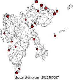 Polygonal mesh lockdown map of Svalbard Islands. Abstract mesh lines and locks form map of Svalbard Islands. Vector wire frame 2D polygonal line network in black color with red locks.