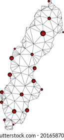 Polygonal mesh lockdown map of Sweden. Abstract mesh lines and locks form map of Sweden. Vector wire frame 2D polygonal line network in black color with red locks.