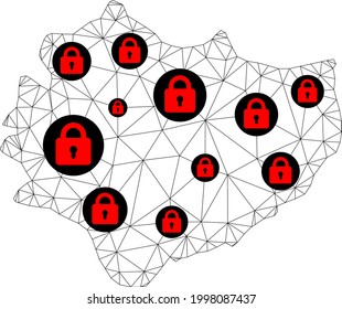 Polygonal mesh lockdown map of Swietokrzyskie Province. Abstract mesh lines and locks form map of Swietokrzyskie Province. Vector wire frame 2D polygonal line network in black color with red locks.