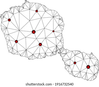 Polygonal mesh lockdown map of Tahiti Island. Abstract mesh lines and locks form map of Tahiti Island. Vector wire frame 2D polygonal line network in black color with red locks.