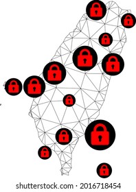 Polygonal mesh lockdown map of Taiwan. Abstract mesh lines and locks form map of Taiwan. Vector wire frame 2D polygonal line network in black color with red locks. Frame model for epidemic posters.