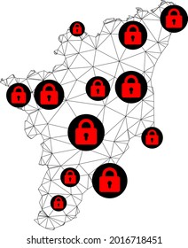 Polygonal mesh lockdown map of Tamil Nadu State. Abstract mesh lines and locks form map of Tamil Nadu State. Vector wire frame 2D polygonal line network in black color with red locks.