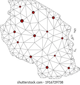 Polygonal mesh lockdown map of Tanzania. Abstract mesh lines and locks form map of Tanzania. Vector wire frame 2D polygonal line network in black color with red locks.