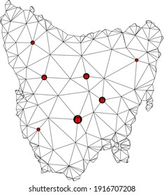 Mapa poligonal de bloqueo de malla de la isla de Tasmania. Resumen de líneas de malla y cerraduras de la isla de Tasmania. Red de línea poligonal 2D del marco de alambre de vectores en color negro con cerraduras rojas.