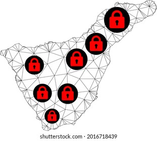 Polygonal mesh lockdown map of Tenerife Island. Abstract mesh lines and locks form map of Tenerife Island. Vector wire frame 2D polygonal line network in black color with red locks.