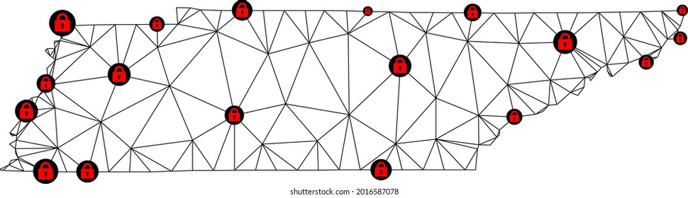 Polygonal mesh lockdown map of Tennessee State. Abstract mesh lines and locks form map of Tennessee State. Vector wire frame 2D polygonal line network in black color with red locks.