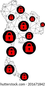 Polygonal mesh lockdown map of Thailand. Abstract mesh lines and locks form map of Thailand. Vector wire frame 2D polygonal line network in black color with red locks.