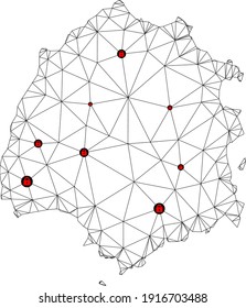 Polygonal mesh lockdown map of Thassos Island. Abstract mesh lines and locks form map of Thassos Island. Vector wire frame 2D polygonal line network in black color with red locks.