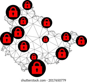 Polygonal mesh lockdown map of Thuringia State. Abstract mesh lines and locks form map of Thuringia State. Vector wire frame 2D polygonal line network in black color with red locks.
