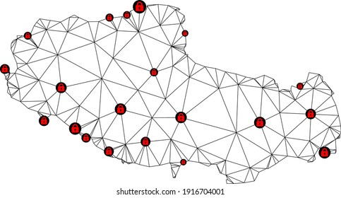 Polygonal mesh lockdown map of Tibet. Abstract mesh lines and locks form map of Tibet. Vector wire frame 2D polygonal line network in black color with red locks.