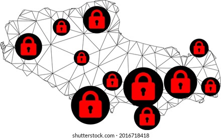 Polygonal mesh lockdown map of Tibet. Abstract mesh lines and locks form map of Tibet. Vector wire frame 2D polygonal line network in black color with red locks. Frame model for health care posters.