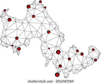 Polygonal mesh lockdown map of Tilos Island. Abstract mesh lines and locks form map of Tilos Island. Vector wire frame 2D polygonal line network in black color with red locks.