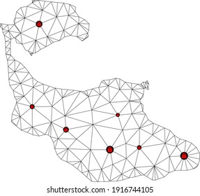Polygonale Maschendrehkarte von Tiran Island. Abstrakte Maschenlinien und Schlösser bilden die Karte der Insel Tiran. Vektor-Draht Rahmen 2D polygonale Linie Netzwerk in schwarzer Farbe mit roten Schlössern.