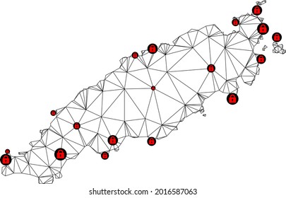 Polygonal mesh lockdown map of Tobago Island. Abstract mesh lines and locks form map of Tobago Island. Vector wire frame 2D polygonal line network in black color with red locks.