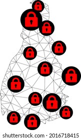 Polygonal mesh lockdown map of Tocantins State. Abstract mesh lines and locks form map of Tocantins State. Vector wire frame 2D polygonal line network in black color with red locks.