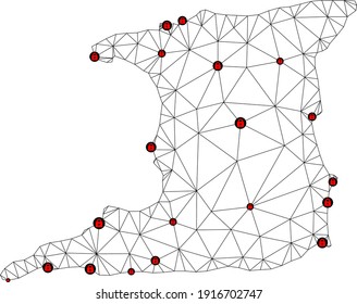 Polygonal mesh lockdown map of Trinidad Island. Abstract mesh lines and locks form map of Trinidad Island. Vector wire frame 2D polygonal line network in black color with red locks.