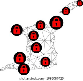 Mapa poligonal de bloqueo de malla de Trinidad y Tobago. Resumen de líneas de malla y cerraduras de un mapa de Trinidad y Tobago. Red de línea poligonal 2D del marco de alambre de vectores en color negro con cerraduras rojas.