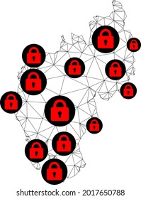 Mapa poligonal de bloqueo de malla del estado de Tripura. Resumen de las líneas de malla y los bloqueos forman el mapa del estado de Tripura. Red de línea poligonal 2D del marco de alambre de vectores en color negro con cerraduras rojas.