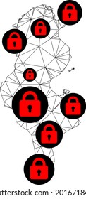 Polygonal mesh lockdown map of Tunisia. Abstract mesh lines and locks form map of Tunisia. Vector wire frame 2D polygonal line network in black color with red locks.