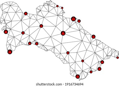 Mapa poligonal de bloqueo de malla de Turkmenistán. Resumen de líneas de malla y cerraduras de un mapa de Turkmenistán. Red de línea poligonal 2D del marco de alambre de vectores en color negro con cerraduras rojas.